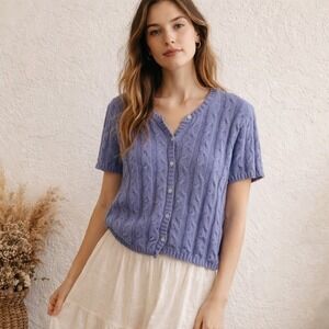 Cherokee Vintage Periwinkle Blue Cable Knit Short Sleeve Cardigan Sweater Ramie